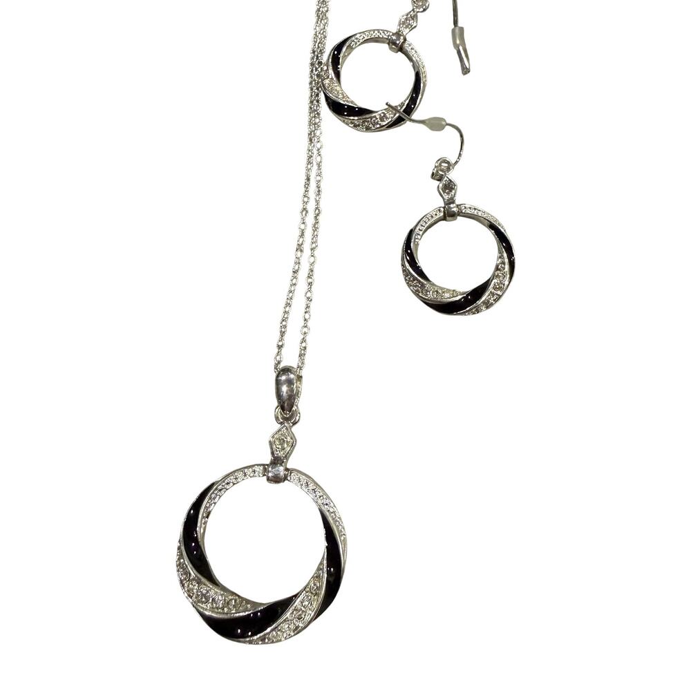 Silver and Black Crystal Circle Necklace and Earrings Set